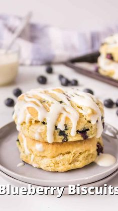 blueberry biscuits with icing on a plate