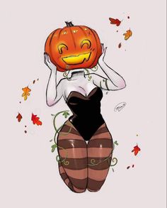 a drawing of a woman with a pumpkin on her head and leggings in front of her