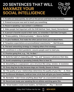 a poster with the words 20 sentences that will minimize your social intelilince