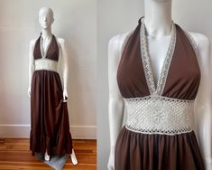 This is such a lovely 70s chocolate brown maxi dress! This vintage dress has a halter neckline trimmed in crochet lace. It's waistline is made up of that same beautiful cream crochet lace. This creates a unique see through look to the waistline that shows off the intricate floral pattern in the lace. This dress has a zipper in the back that is attached to the crochet. This dress is the perfect maxi to throw on in the Summer or Spring. This dress is just so pretty! Imagine all the complements and conversations you will have wearing this dress! You will know you are the only one on earth who owns this special piece. To have a one of a kind... that is the magic of Vintage!  Tags: N/A Material: Poly blend Size: 4/6 Measurements:  Bust: 34" Waist: 27" Hips: Free Length: 59" CONDITION: Excellent Vintage Brown Maxi Dress For Beach, Fitted Vintage Brown Maxi Dress, Brown Halter Neck Maxi Sundress, Fitted Brown 1970s Style Dresses, Brown Halter Top, Fitted Brown 1970s Dress, 1970s Crochet, Brown Bohemian V-neck Maxi Dress, Chocolate Brown Dress