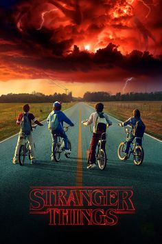 three children riding bikes on the road under a cloudy sky with lightning in the background