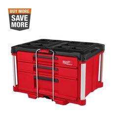 a red tool box with two drawers and a black handle on the side that says buy more save more