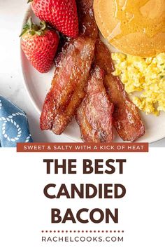 bacon, eggs and pancakes on a white plate with the words sweet & salty with a kick of heat