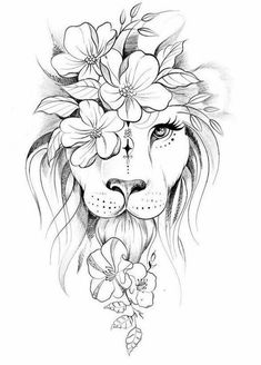 a drawing of a lion with flowers on its head