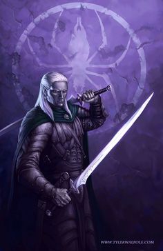 a man holding two swords in front of a purple background