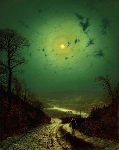 a painting of a person walking down a dirt road at night with the moon in the sky