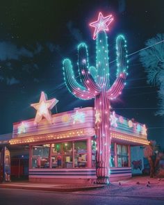 a large cactus sitting in front of a building with lights on it's side