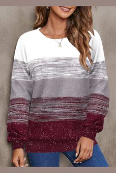 Geometric Print Wine Red Round Neck Sweatshirt Heather Maroon Long Sleeve Top For Fall, Casual Long Sleeve Heather Maroon Top, Casual Heather Maroon Long Sleeve Top, Casual Heather Maroon Crew Neck Top, Mode Ab 50, Top Shirt Women, Round Neck Sweatshirts, Plus Size Sweaters, Striped Sleeve