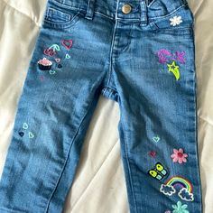 The Children’s Place Cute Denim Jeans In Excellent Never Worn Condition Spring Playtime Denim Blue Jeans, Playful Blue Jeans For Spring, Denim Blue Cotton Jeans For Playtime, Denim Blue Cotton Jeans, Cute Blue Jeans For Playtime, Cute Embroidered Blue Bottoms, Cute Embroidered Blue Jeans, Cute Embroidered Spring Jeans, Cute Blue Embroidered Jeans