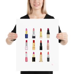 From Tom Ford to Fenty Beauty, this art print features our favorite lipsticks. Artwork is designed by Bonnie Bryant O'Connor, items are printed in the USA.A statement in any room. These matte, museum-quality posters are printed on durable, archival paper. Lipstick Illustration, Designer Lipstick, Lipstick Designs, Lipstick Art, Fenty Beauty, Lipsticks, Quality Posters, Tom Ford, Illustration Art