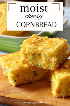 three cornbreads stacked on top of each other with the words, most cheesey cornbread