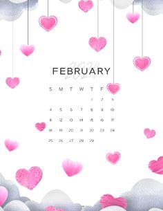 a calendar with pink hearts hanging from strings and clouds in the sky, on a white background