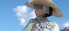 a woman wearing a large hat and white dress standing in front of a blue sky