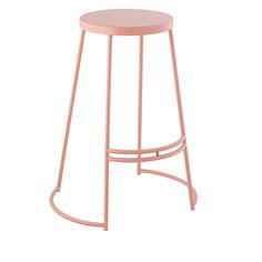 a pink stool with metal legs and a circular seat on the bottom, against a white background