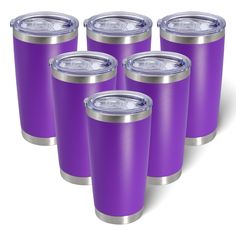 six purple tumblers are lined up in a row