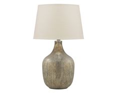 a table lamp with a white shade on it's base and a light bulb in the middle