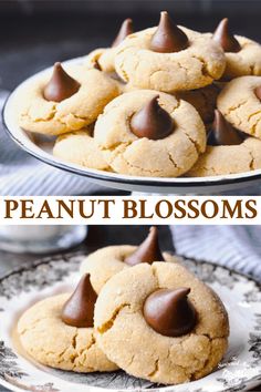 peanut butter blossoms on a plate with chocolate drizzled on top and bottom