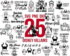 the logos for disney villaines and their names are all drawn in black ink on white paper