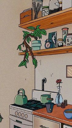 a drawing of a kitchen with pots and pans on the stove