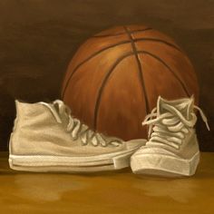 a painting of a pair of white shoes next to a basketball