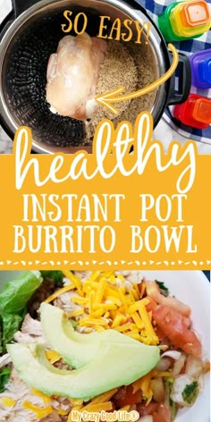 healthy instant pot burrito bowl recipe with text overlay