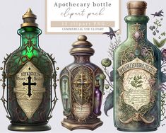 three bottles with different designs on them, one is green and the other is gold