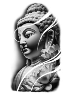 an artistic black and white drawing of buddha with flowers on his head in front of him