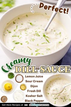 Dill Sauce served in a white round bowl. ingredients to make Dill Sauce. Sour Cream Dill Sauce, Dill Mayo Sauce, Salmon And Sour Cream Recipes, Lemon Dill Mahi Mahi, Creamy Dill Dressing, Dill Sauce For Perogies, Creamy Lemon Dill Sauce, Dipping Sauce For Salmon Patties