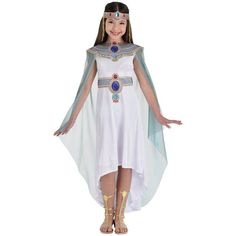 They're Egyptian royalty in this Cleopatra costume for kids! The sleeveless high-low gown has an attached belt with giant printed jewels. The matching regal collar has an attached sheer cape that flows down the back. The finishing touch is a headdress band with matching printed jewels and trailing gold fabric chains to frame the face. pbKids' Cleopatra Costume product details:-b-p ul liDress ul liRear hook-and-loop closures-li liAttached belt-li -ul -li liCollar ul liAttached sheer cape-li -ul - Goddess Halloween Costume, Cleopatra Halloween Costume, Cleopatra Dress, Cleopatra Halloween, Egyptian Dress, Queen Cleopatra, Greek Costume, High Low Gown, Costume For Kids