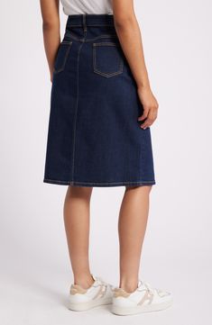 Contrast topstitching accentuates the classic pencil silhouette of this dark-wash denim skirt. Zip fly with button closure Five-pocket style Unlined 99% cotton, 1% spandex Machine wash, tumble dry Imported Classic Mid-rise Denim Blue Denim Skirt, Classic Mid-rise Denim Blue Skirt, Classic Denim Blue Denim Skirt, Classic Straight Leg Denim Skirt With Pockets, Dark Wash Knee-length Denim Skirt, Classic Cotton Denim Skirt, Medium Wash Denim Pencil Skirt With Pockets, Classic Denim Skirt In Denim Blue, Classic High Rise Dark Wash Denim Skirt