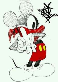 a drawing of mickey mouse in red and white with the words, person on it