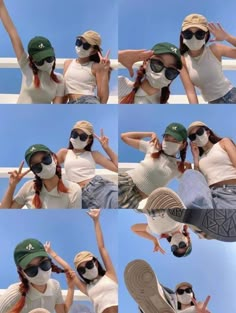 four different pictures of a woman wearing sunglasses and a hat with her hands in the air