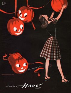 a woman holding two pumpkins in her hands and another hanging them from the ceiling