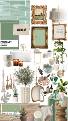 a collage of green and white decor