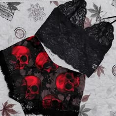 Cute Goth Outfits, Goth Lingerie, Cute Goth, Red Skull, Gothic Punk, Lace Lingerie Set, Goth Outfits, Alternative Outfits