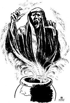 a black and white drawing of a wizard pouring water into a pot