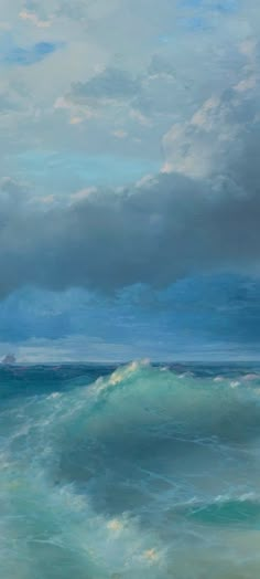 an oil painting of waves in the ocean under a cloudy blue sky with white clouds