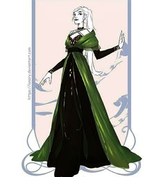 a drawing of a woman dressed in green and black