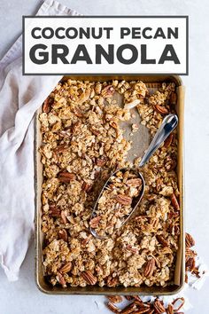 a pan filled with granola on top of a table