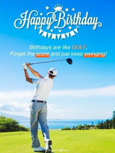 a man swinging a golf club on top of a green field with the words happy birthday