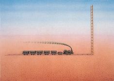 a train traveling down tracks next to a tall pole in the middle of a desert