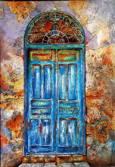 a painting of an old blue door