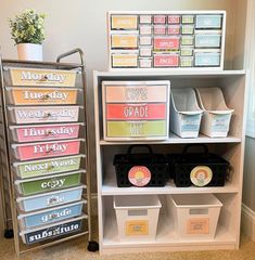 the shelves are filled with different types of storage bins and containers for organizing items