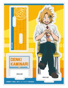 an anime character sitting on top of a chair next to a sign that says denki kaminari