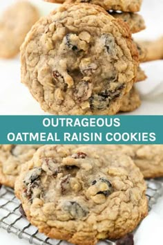 oatmeal raisin cookies stacked on top of each other with text overlay