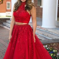 Prom Fantasy on Storenvy Red Tulle Prom Dress, Two Piece Prom Dresses, Prom Dress Halter, Two Piece Prom, High Neck Prom Dress, Prom Dresses Red, 2 Piece Prom Dress, African Prom Dresses, Black Prom Dress