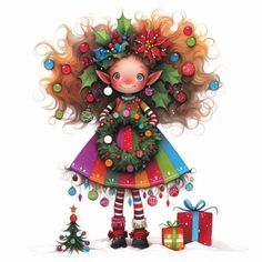 a painting of a girl with christmas decorations on her head and hair, standing in front of presents