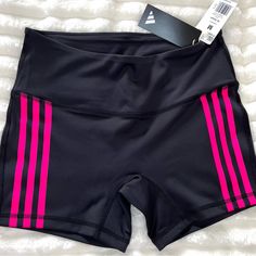 Nwt! Adidas Three Stripe Short - Tight Fit - Curved Elastic Waist - 85% Polyester (Recycled), 15% Elastane - Power-Mesh Internal Waist Layer - Aeroready - Mid Rise - Gusseted Crotch Sporty Striped Sports Bottoms, Striped Sportswear Bottoms For Sports, Striped Sporty Bottoms For Sports, Sporty Striped Bottoms For Sports, Adidas Logo Leggings For Jogging, Black Activewear With Contrast Stripes For Workout, Fitted Activewear With Side Stripes For Sports, Sporty Pink Leggings, Stretch Adidas Logo Leggings For Jogging