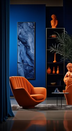 a living room with blue walls and orange chairs in the center, an art work on the far wall