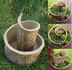 several pictures of pots with plants in them on the same page, one has a watering spigot